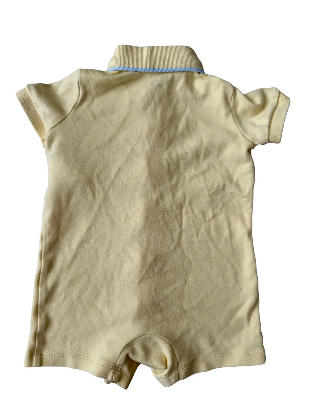 Ralph Lauren Pastel Light Yellow Polo Snap Romper with Blue Trim